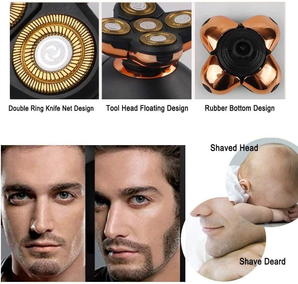 5 Headed Waterproof Electric Head Shaver – rechargeable rotary razor and trimmer for bald men.