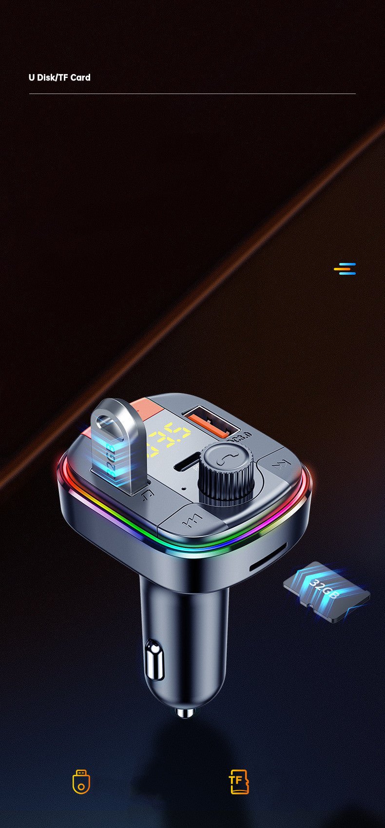 Car Mp3 Player Colorful Light Hands-Free Car Bluetooth, Car Charger
